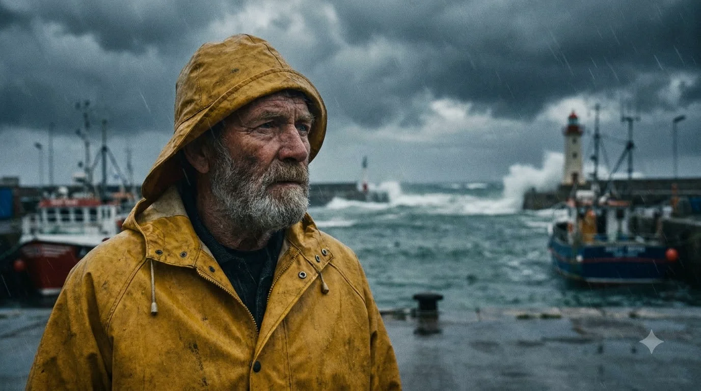 A free Nano Banana Pro image in Google Flow of an old bearded fisherman in a mustard yellow hooded raincoat on a stormy harbour, with a lighthouse, breaking waves and fishing boats behind him