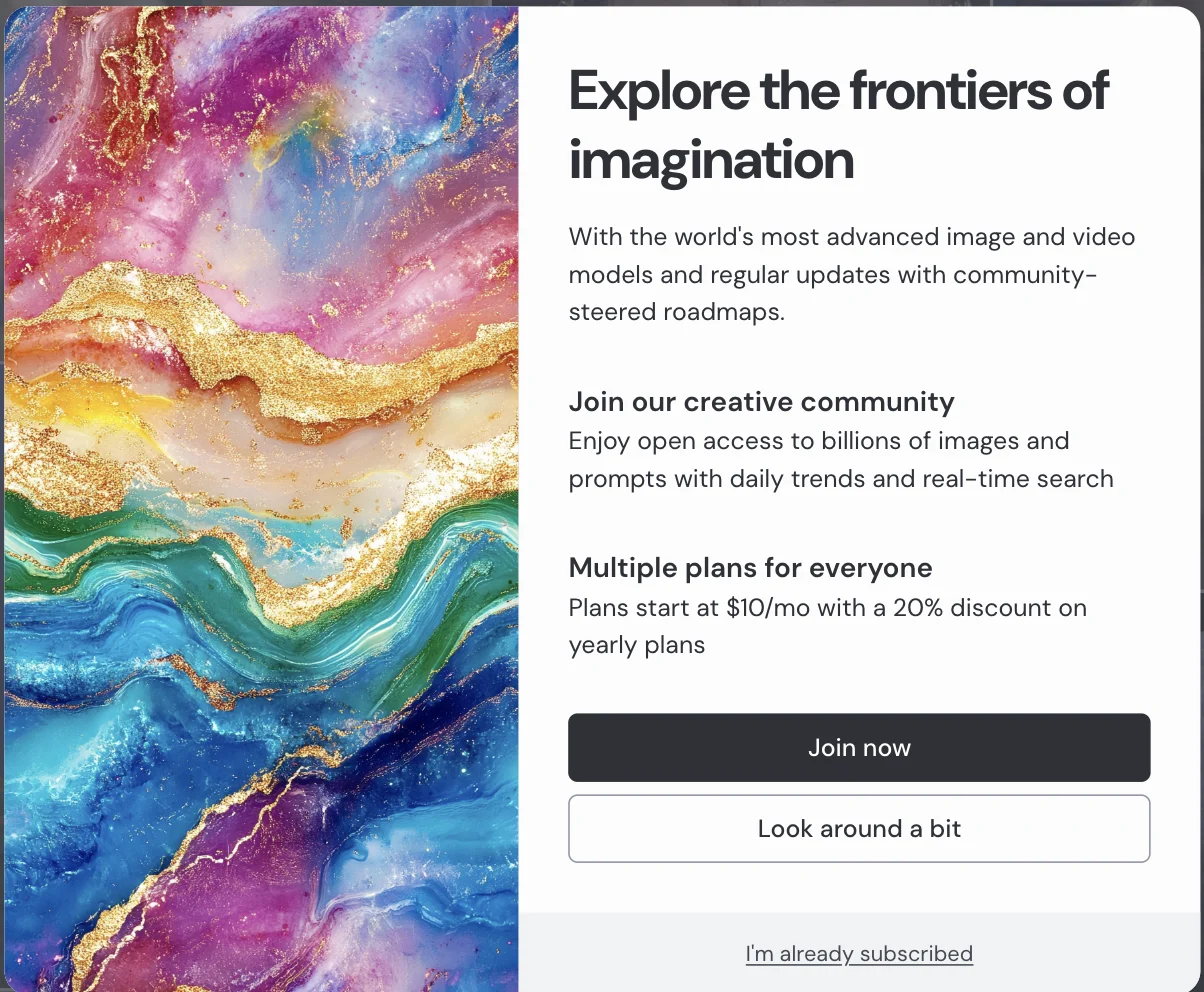 Midjourney's subscribe panel shown to a signed-in account without a plan, reading Explore the frontiers of imagination and Plans start at $10/mo with a 20% discount on yearly plans