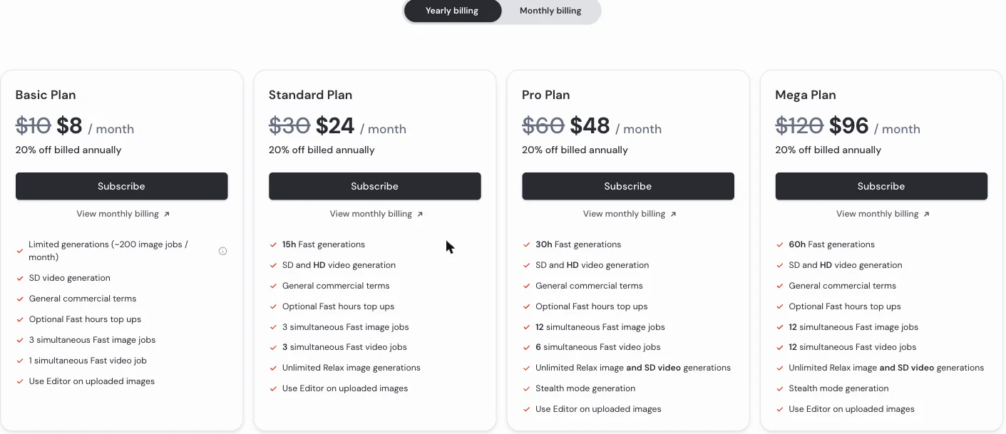 Midjourney's plans page on yearly billing: Basic $8, Standard $24, Pro $48 and Mega $96 a month, with Fast hours, video, Relax mode and Stealth mode listed per plan