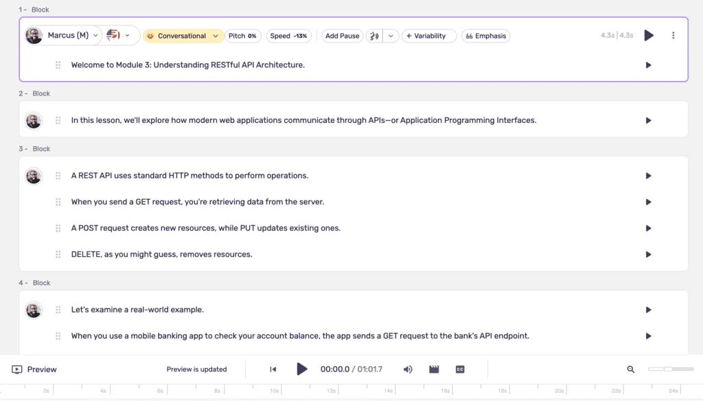 Murf's timeline editor syncs voiceover to slides, video, and music