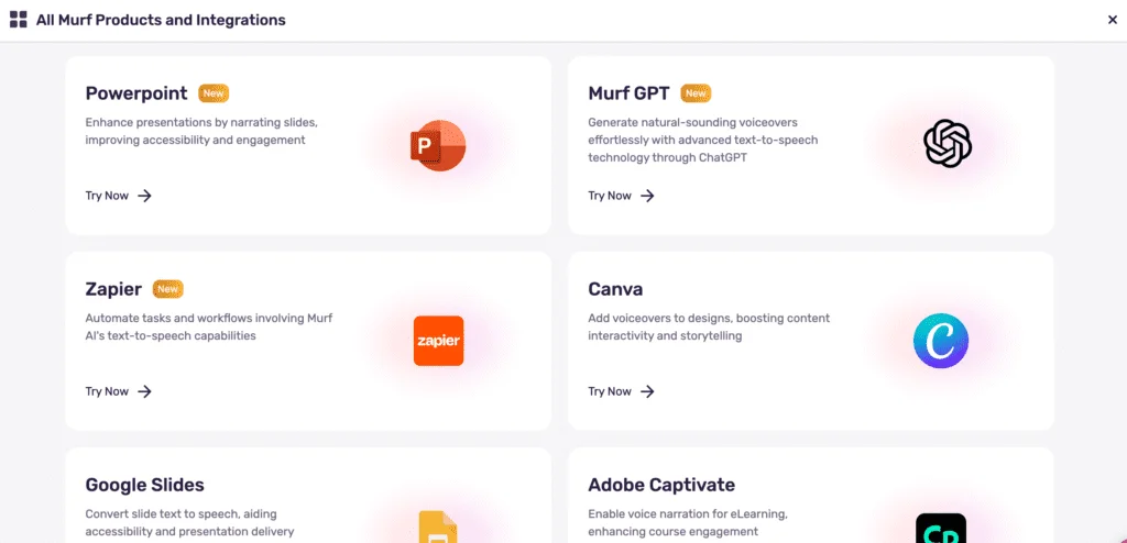 Murf's integration workflow with Canva, PowerPoint, and Slides