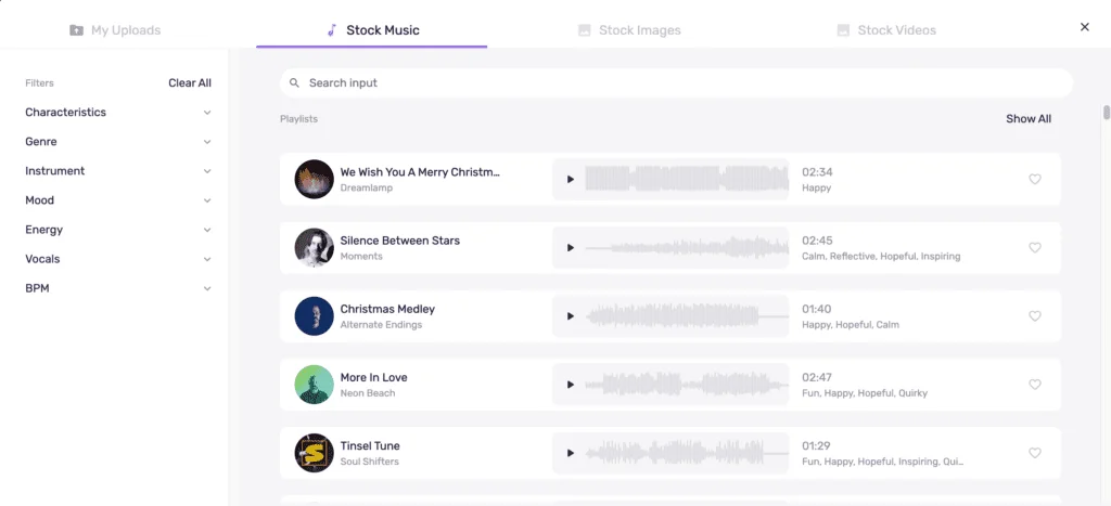 Murf's royalty-free music library, organized by mood and genre