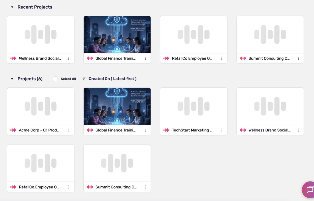 Murf's project dashboard, organizing voiceover work into folders
