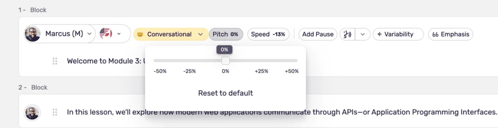 Murf's voice customization panel: pitch, speed, pause, and emphasis controls