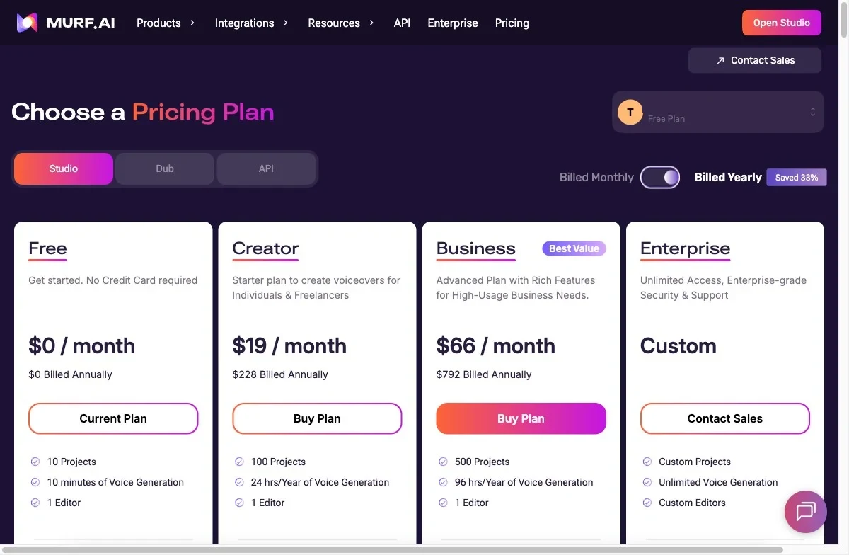 Murf prices by audio-hours and seats: Free, Creator, Business