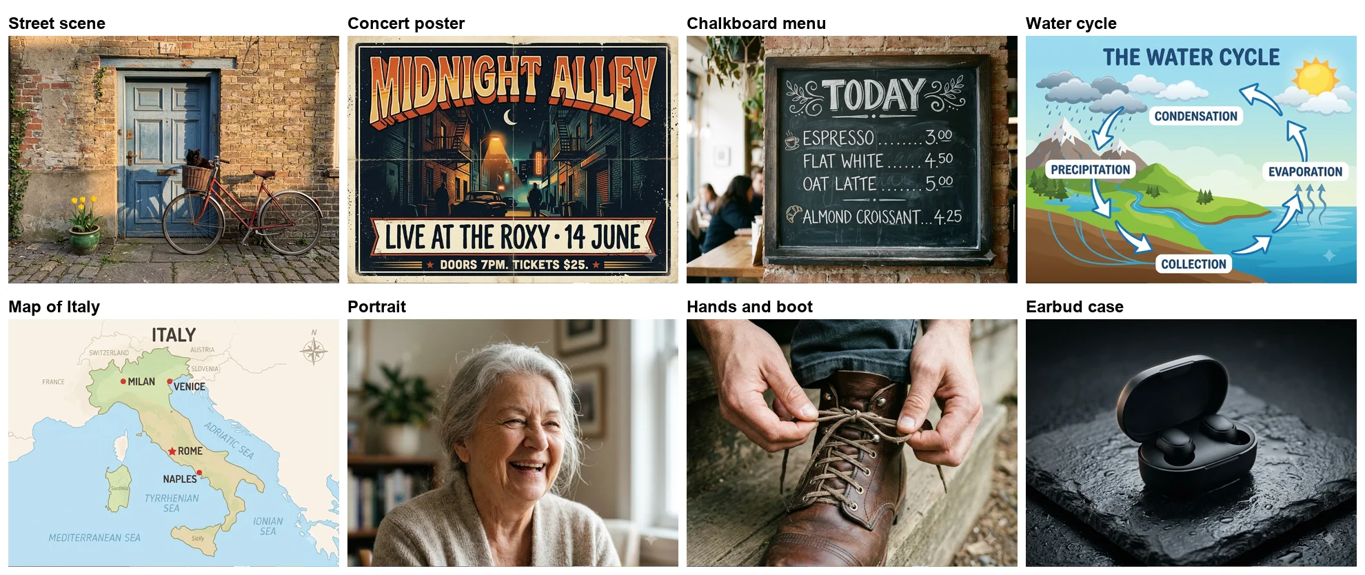 All eight Nano Banana 2.1 test images from Google Flow: a red bicycle by a blue door, a Midnight Alley concert poster, a TODAY chalkboard menu, a water cycle diagram, a map of Italy, a laughing elderly woman, two hands tying a boot, and an open earbud case on wet slate