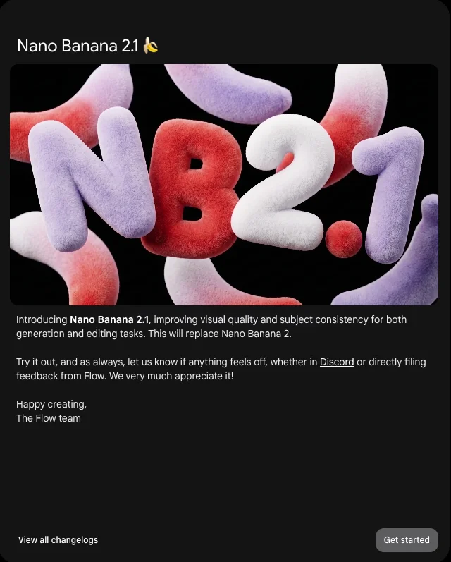 Google Flow's Nano Banana 2.1 announcement: fluffy letters spelling NB2.1 above the text Introducing Nano Banana 2.1, improving visual quality and subject consistency for both generation and editing tasks, This will replace Nano Banana 2