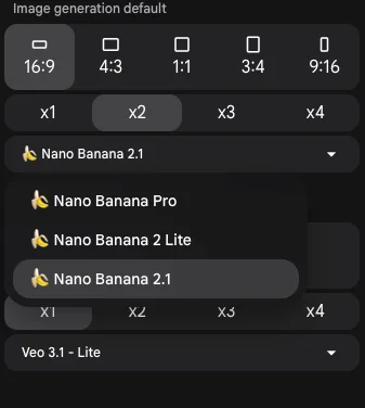 Google Flow's image model menu on a free account, listing Nano Banana Pro, Nano Banana 2 Lite and Nano Banana 2.1, with Nano Banana 2.1 selected
