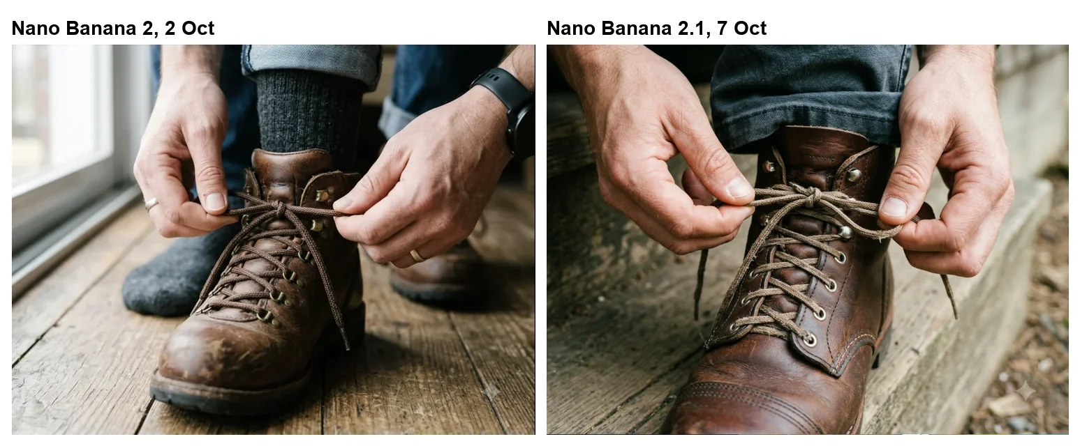 Hands tying a boot from Nano Banana 2 and Nano Banana 2.1: Nano Banana 2's version has a grey-socked foot and a second boot in frame, Nano Banana 2.1's shows only two hands lacing one brown leather boot on a wooden step