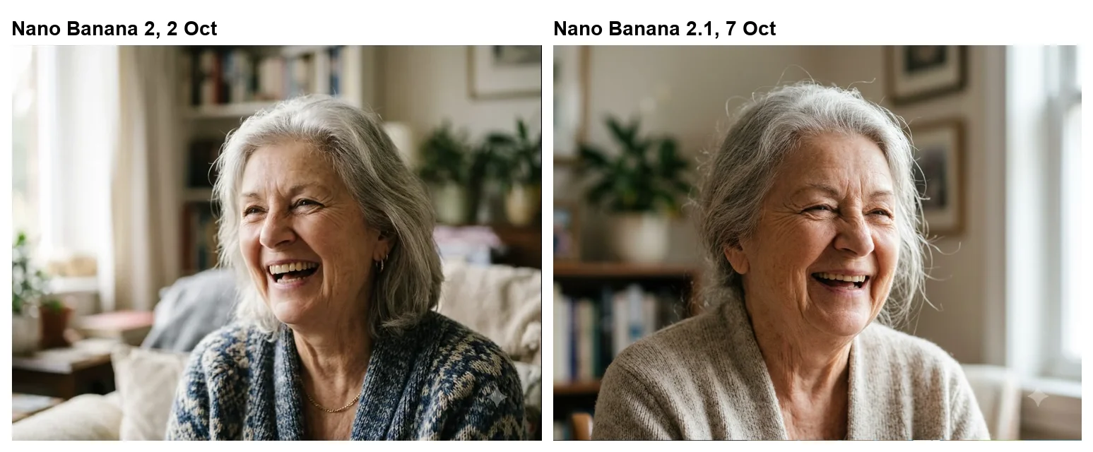 Portraits from Nano Banana 2 and Nano Banana 2.1 of a silver-haired woman laughing: Nano Banana 2's is a wider shot of a younger-looking woman, Nano Banana 2.1's a closer shot of a visibly elderly woman lit by a window