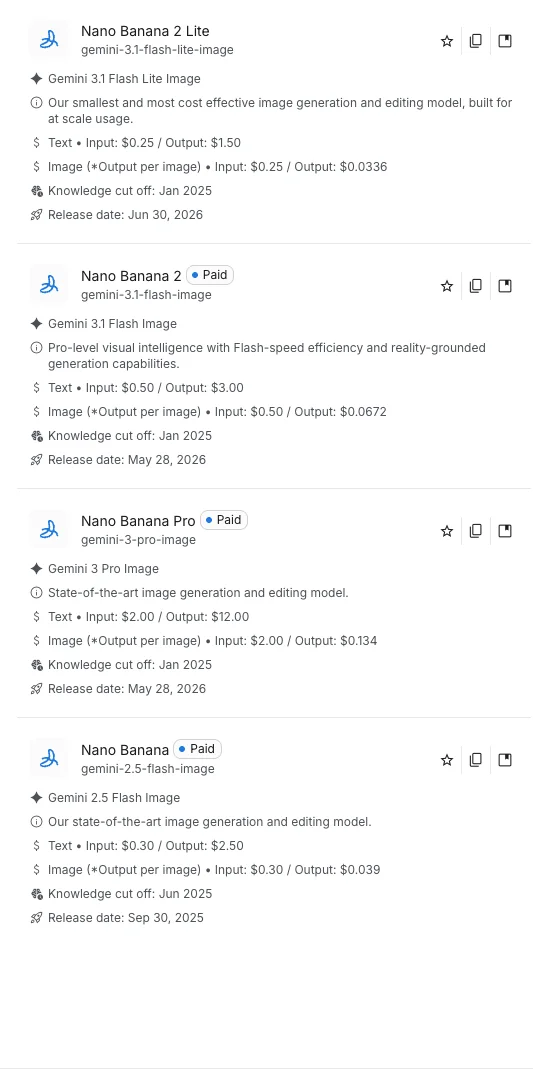 Google AI Studio's image model list with prices: Nano Banana 2 Lite with no badge at $0.0336 per image, and Nano Banana 2, Nano Banana Pro and Nano Banana each marked Paid, with Nano Banana Pro at $0.134 per output image