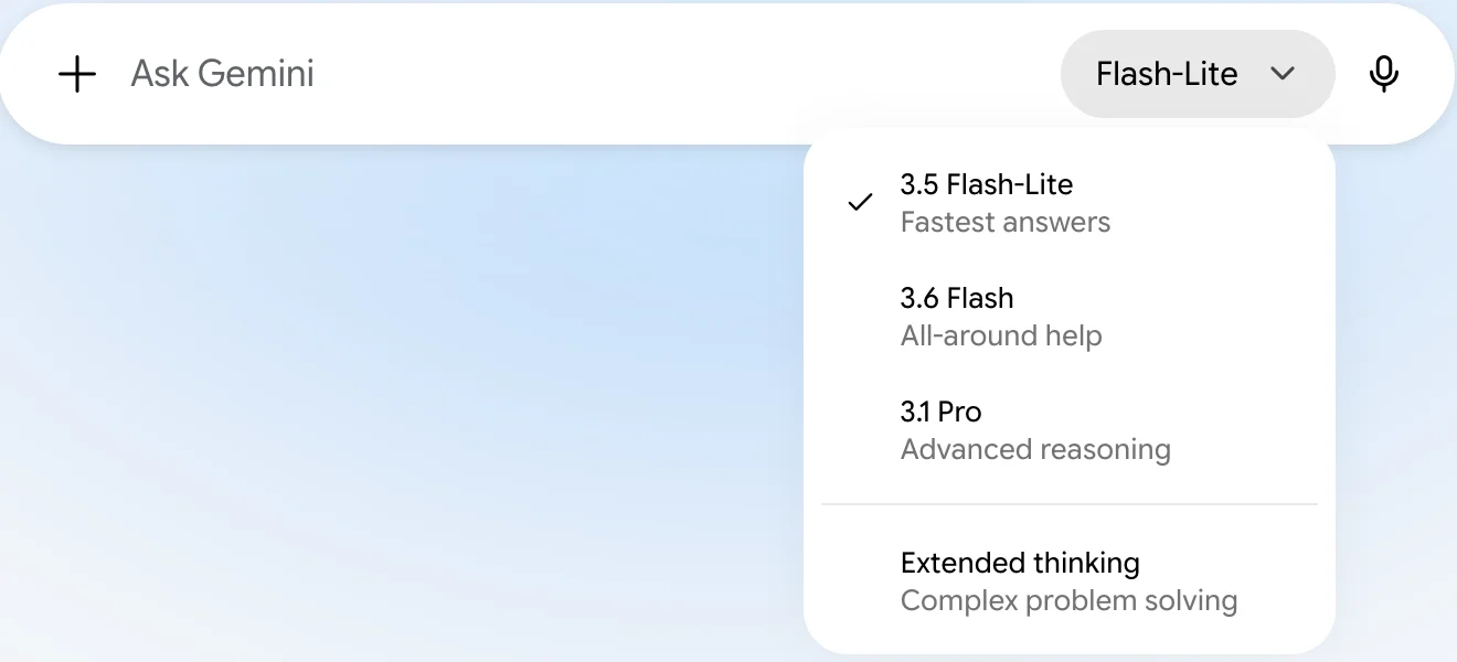 The Gemini mode picker on a free account, listing 3.5 Flash-Lite, 3.6 Flash, 3.1 Pro and Extended thinking, with no Nano Banana Pro option