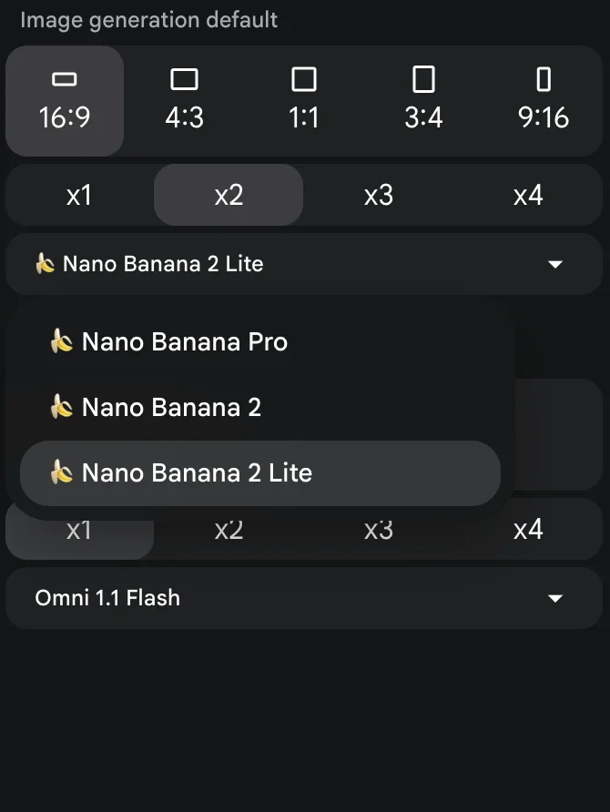 Google Flow's image generation settings on a free account, with aspect ratio options, an image count from x1 to x4, and a model menu listing Nano Banana Pro, Nano Banana 2 and Nano Banana 2 Lite
