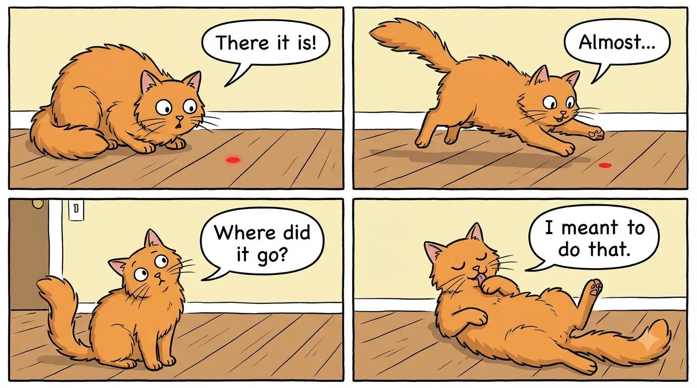Nano Banana Pro four-panel comic strip of an orange cat chasing a red laser dot, with speech bubbles reading There it is!, Almost..., Where did it go? and I meant to do that.