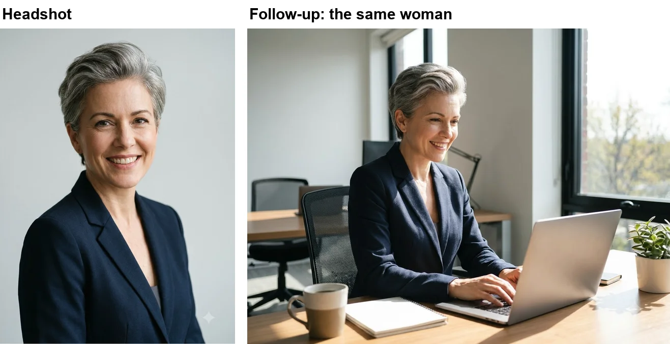 Nano Banana Pro headshot of a smiling woman with short grey hair in a navy blazer on a plain grey background, next to a follow-up image of the same-looking woman typing on a laptop at a desk by a window