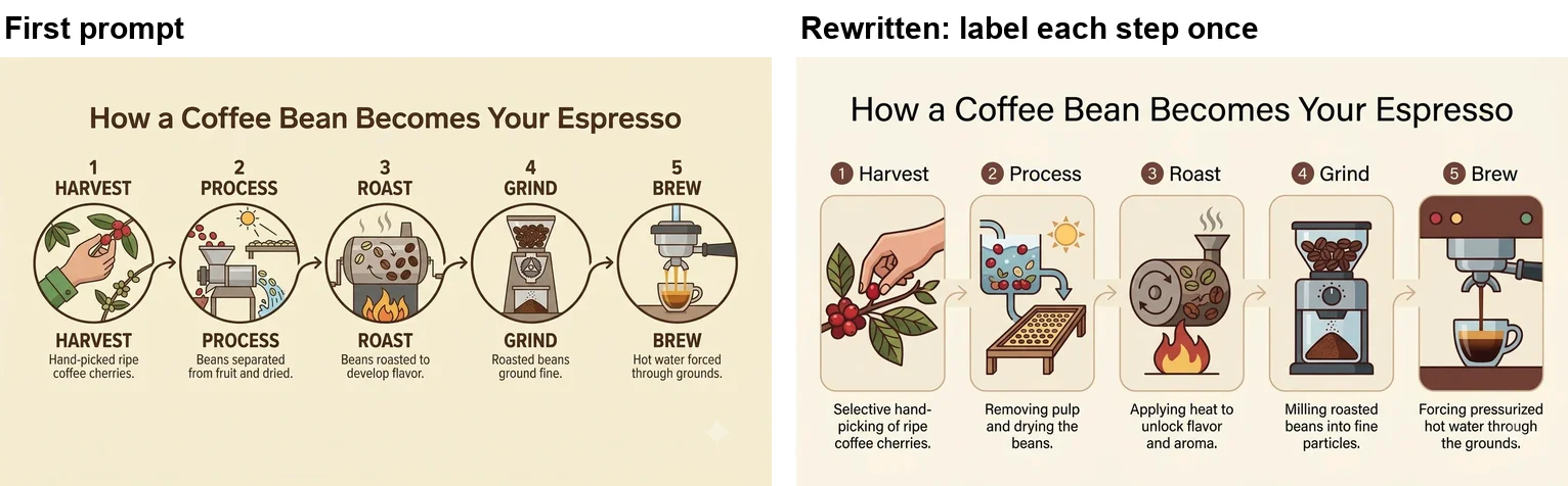 Two Nano Banana Pro coffee infographics: the first prompt printed each step name twice, above and below its icon; the rewritten prompt labelled each step once with a number and name above the icon and one caption below