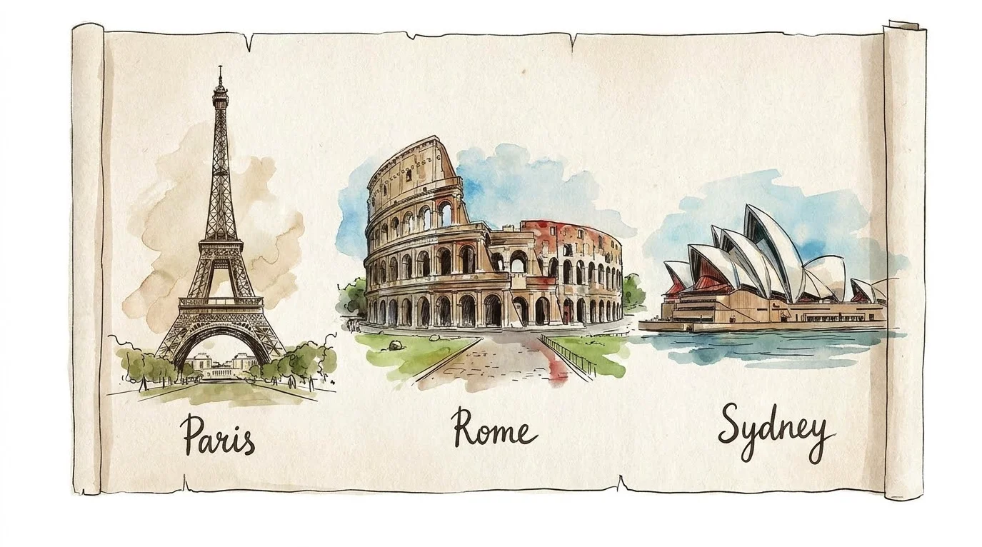 Nano Banana Pro travel sketch of the Eiffel Tower, the Colosseum and the Sydney Opera House in ink and watercolour, labelled Paris, Rome and Sydney, drawn on a parchment scroll