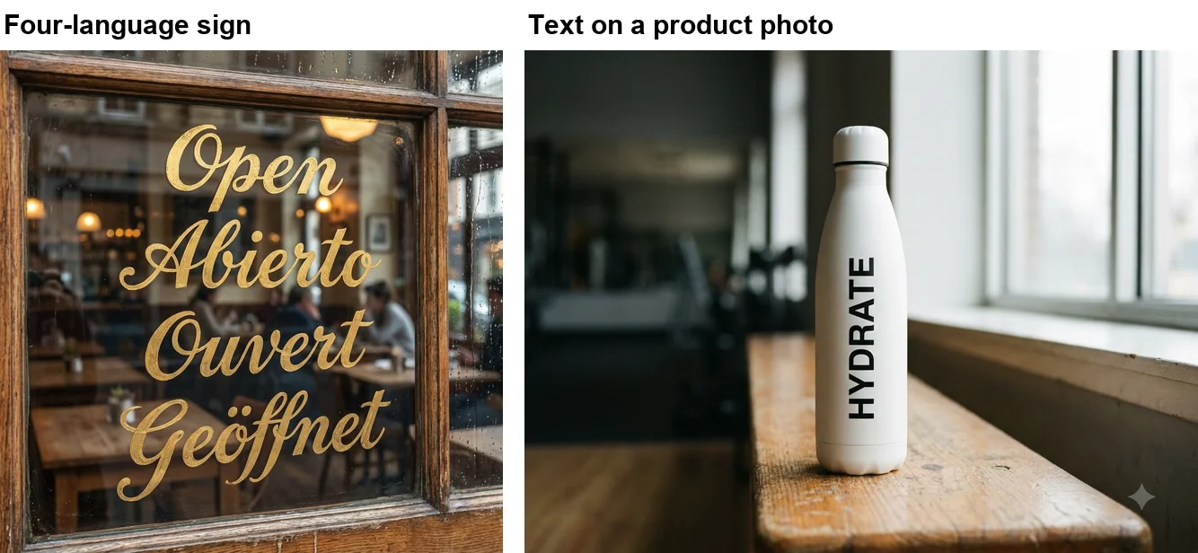 Nano Banana Pro cafe window with Open, Abierto, Ouvert and Geöffnet in gold script on glass, next to a product photo of a matte white water bottle with HYDRATE printed vertically on a wooden bench by a window