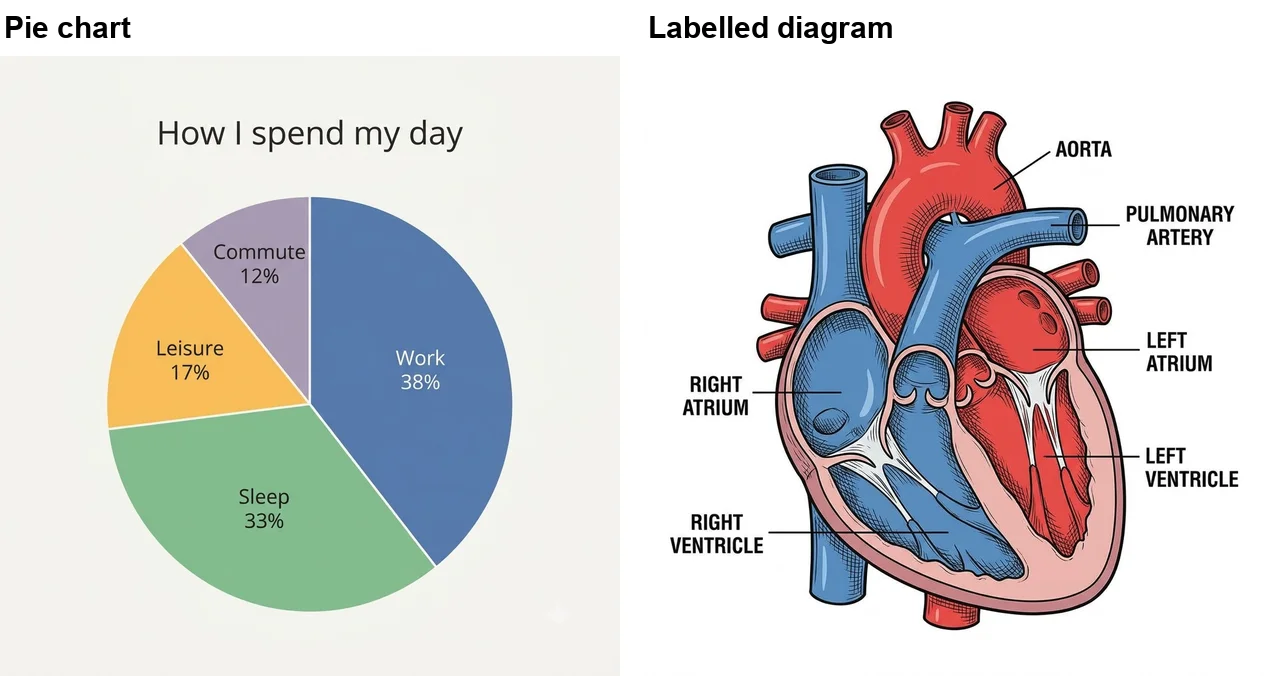 Nano Banana Pro pie chart titled How I spend my day with Work 38%, Sleep 33%, Leisure 17% and Commute 12%, next to a labelled cutaway diagram of the heart with right atrium and right ventricle on the left and left atrium and left ventricle on the right