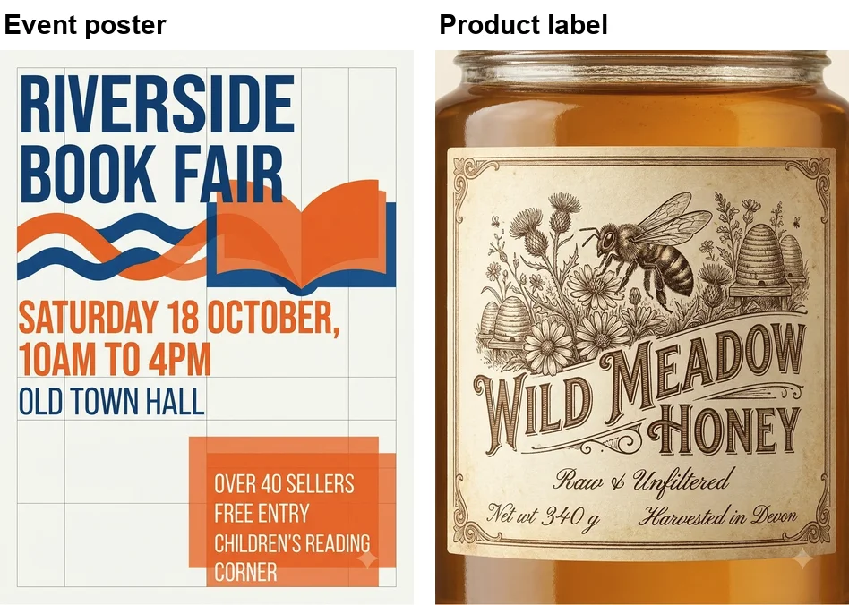 Nano Banana Pro poster for the Riverside Book Fair, Saturday 18 October, 10am to 4pm, Old Town Hall, with Over 40 sellers, Free entry and Children's reading corner in an orange box, next to a vintage engraved honey jar label reading Wild Meadow Honey, Raw & Unfiltered, Net wt 340 g and Harvested in Devon