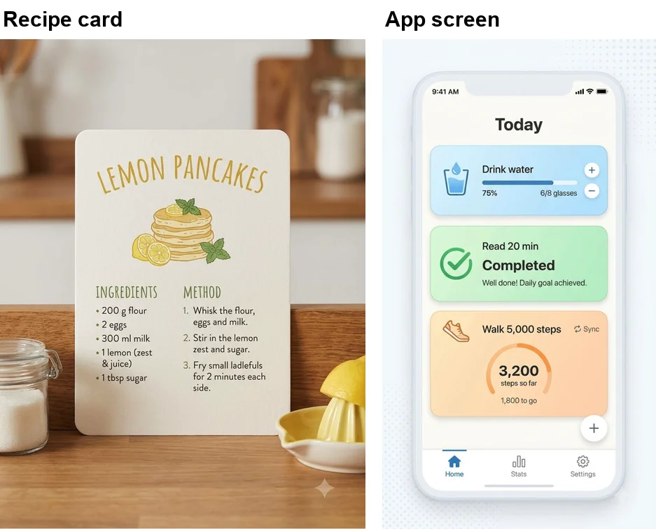 Nano Banana Pro recipe card for Lemon Pancakes with ingredients and three method steps, photographed in a kitchen, next to a habit tracker app screen titled Today with Drink water 6/8 glasses, Read 20 min completed, Walk 5,000 steps at 3,200, and a Home, Stats and Settings bar