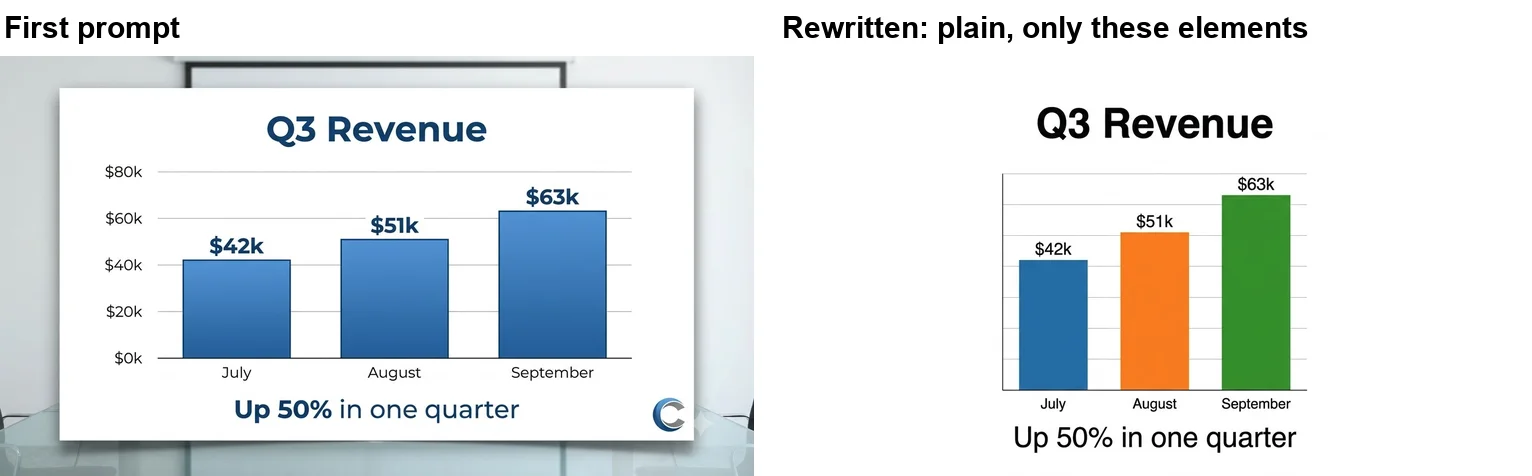 Two Nano Banana Pro Q3 Revenue slides: the first shows the slide on a screen in a meeting room with an unrequested C logo; the rewritten prompt produced a flat white slide with only the title, three labelled bars and the takeaway line