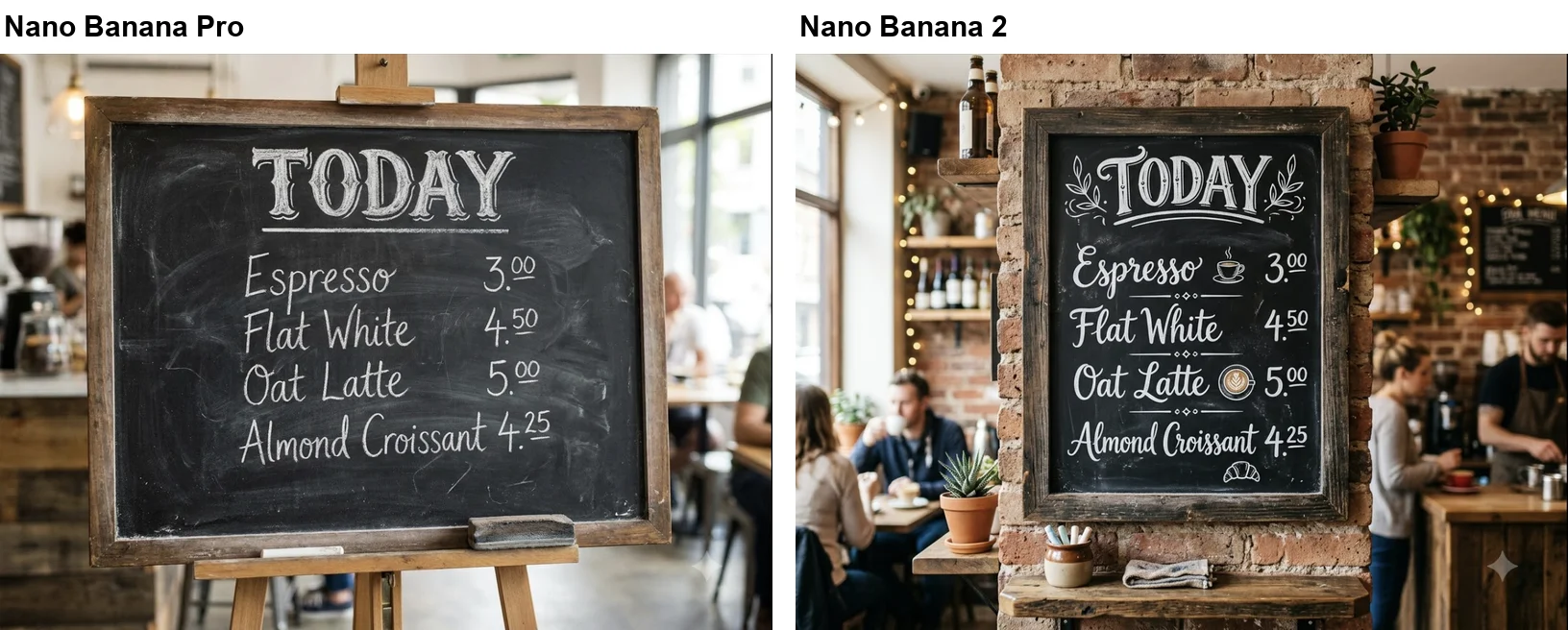 Chalkboard menus from Nano Banana Pro and Nano Banana 2, both titled TODAY with Espresso 3.00, Flat White 4.50, Oat Latte 5.00 and Almond Croissant 4.25, the Nano Banana 2 version with small chalk drawings beside the items