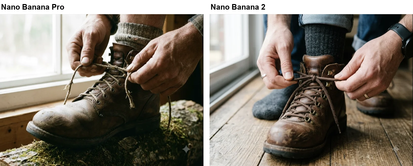 Close-up photos from Nano Banana Pro and Nano Banana 2 of two hands tying a brown leather boot: Pro shows one boot on a mossy log, Nano Banana 2 shows the boot on a wooden floor with a grey-socked foot on the left and a second boot on the right