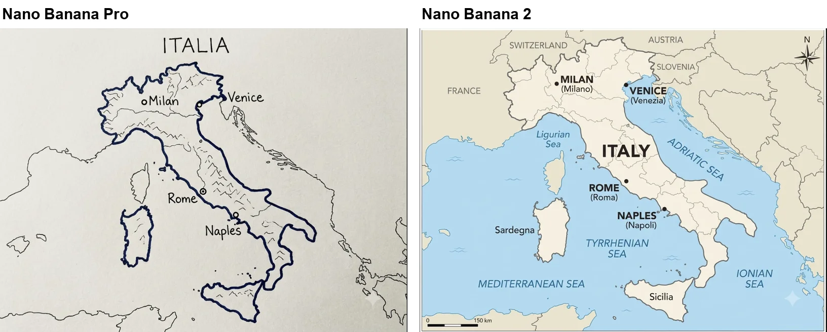 Maps of Italy from Nano Banana Pro and Nano Banana 2: Pro's is a hand-drawn outline titled ITALIA with Milan, Venice, Rome and Naples marked, and Nano Banana 2's is an atlas-style map with the same four cities plus neighbouring countries, seas, a compass and a scale bar