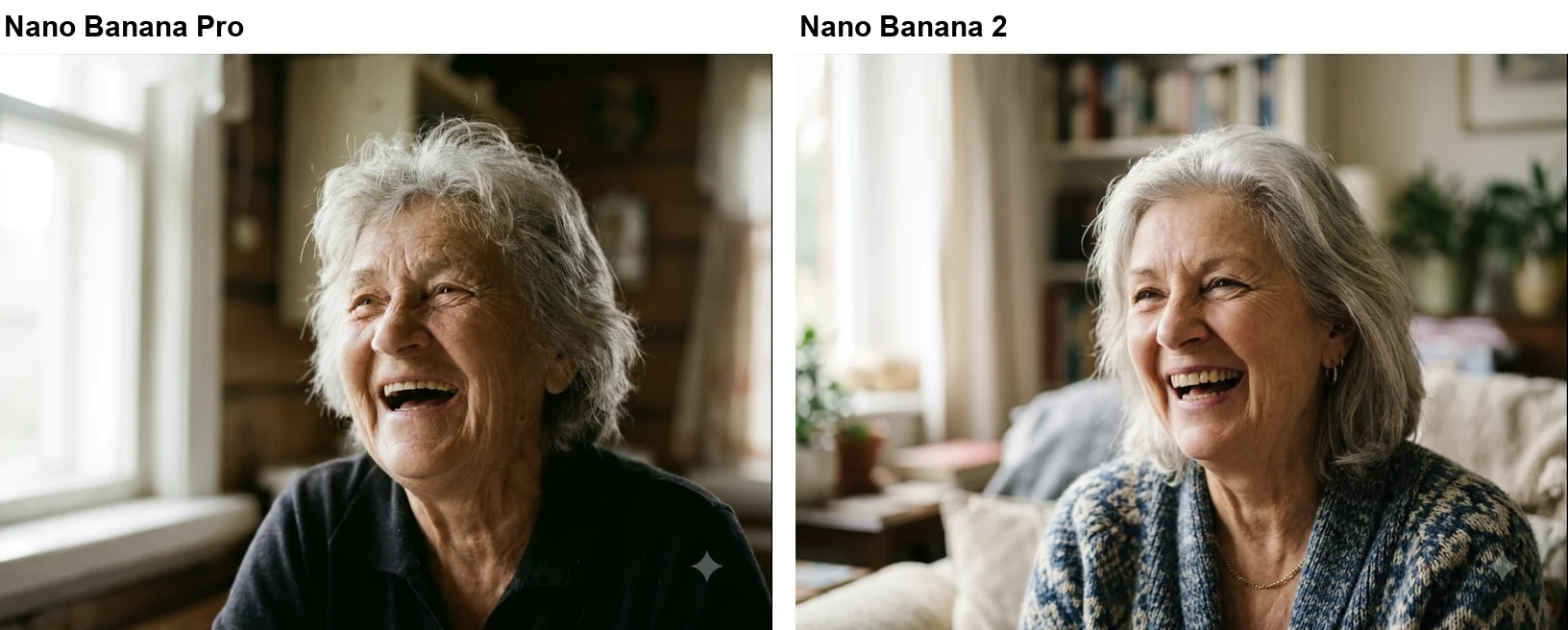Portraits from Nano Banana Pro and Nano Banana 2 of a silver-haired woman laughing by a window, Pro's a tighter shot of a visibly older woman and Nano Banana 2's a wider shot of a younger-looking woman in a cardigan