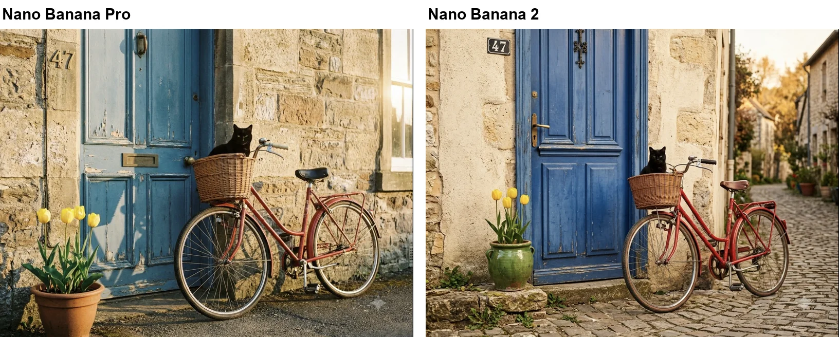 Nano Banana Pro and Nano Banana 2 versions of a red bicycle beside a blue door with a black cat in the basket: Pro has four tulips in a terracotta pot, Nano Banana 2 has four tulips in a green pot, and both put the number 47 on the wall to the left of the door