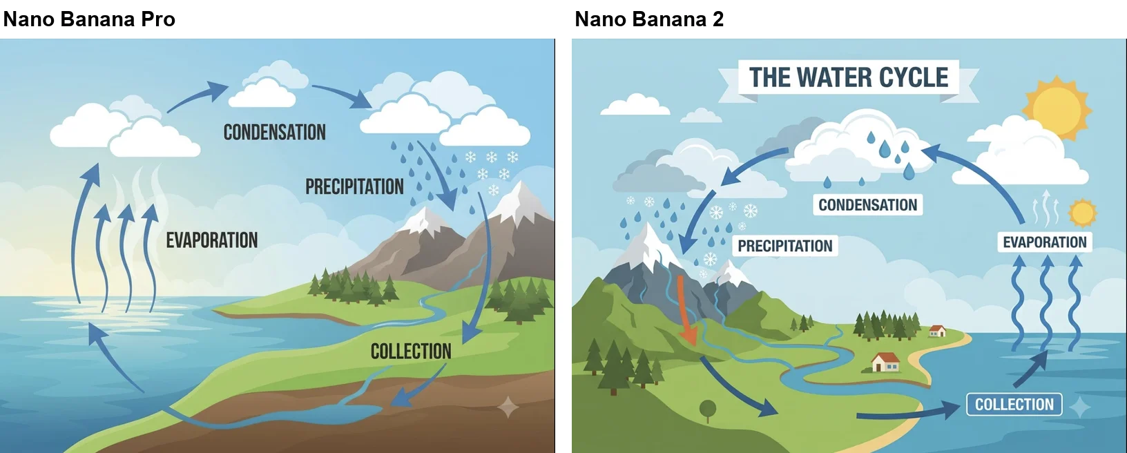 Water cycle diagrams from Nano Banana Pro and Nano Banana 2, each labelled Evaporation, Condensation, Precipitation and Collection with arrows in a loop, the Nano Banana 2 version with an added title banner reading THE WATER CYCLE