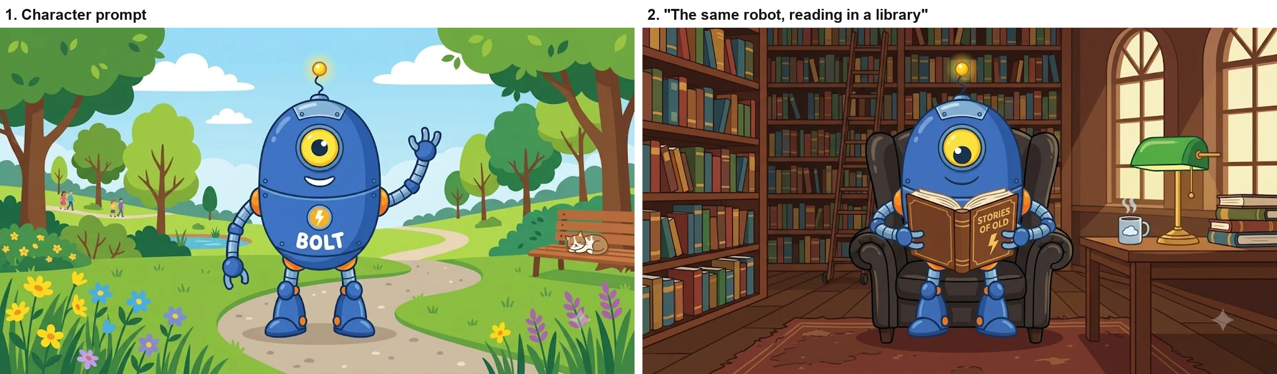 Left: Nano Banana's blue one-eyed robot named Bolt waving in a park, with BOLT printed on its chest. Right: the same robot in a leather armchair in a library, reading a book titled Stories of Old