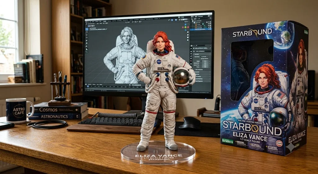 A Nano Banana photo of a red-haired astronaut figure on a clear base on a wooden desk, with a monitor showing its grey 3D model and a toy box branded STARBOUND and ELIZA VANCE