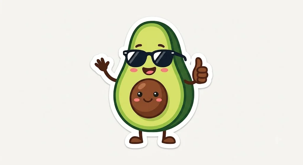 A Nano Banana die-cut sticker of a cartoon avocado in sunglasses giving a thumbs up, with a thick white border on a plain off-white background
