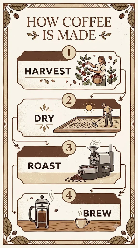 A vertical Nano Banana infographic titled How Coffee Is Made with four numbered steps, Harvest, Dry, Roast and Brew, each with an illustration, in brown and cream
