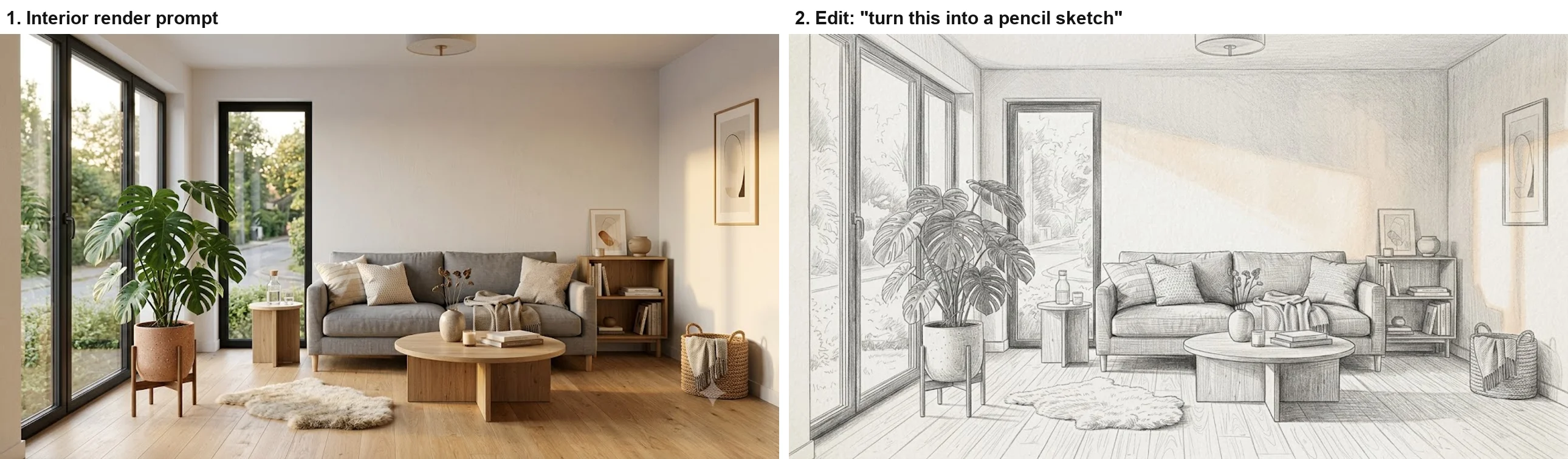 Left: Nano Banana's photorealistic Scandinavian living room with a grey sofa, round oak table and monstera by a tall window. Right: the same room redrawn as a pencil sketch with every object in place
