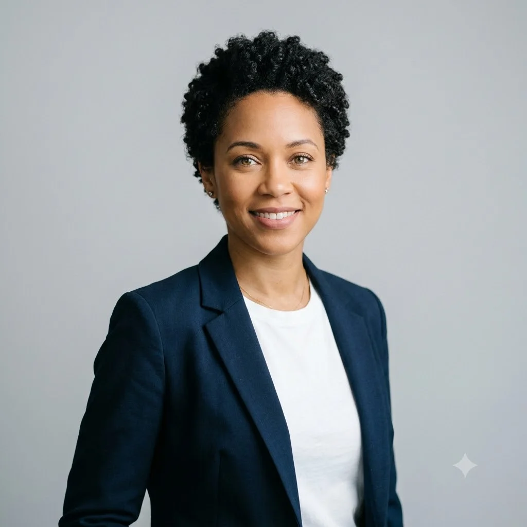 A Nano Banana headshot of a smiling woman with short curly black hair in a navy blazer and white t-shirt against a plain light-grey studio background