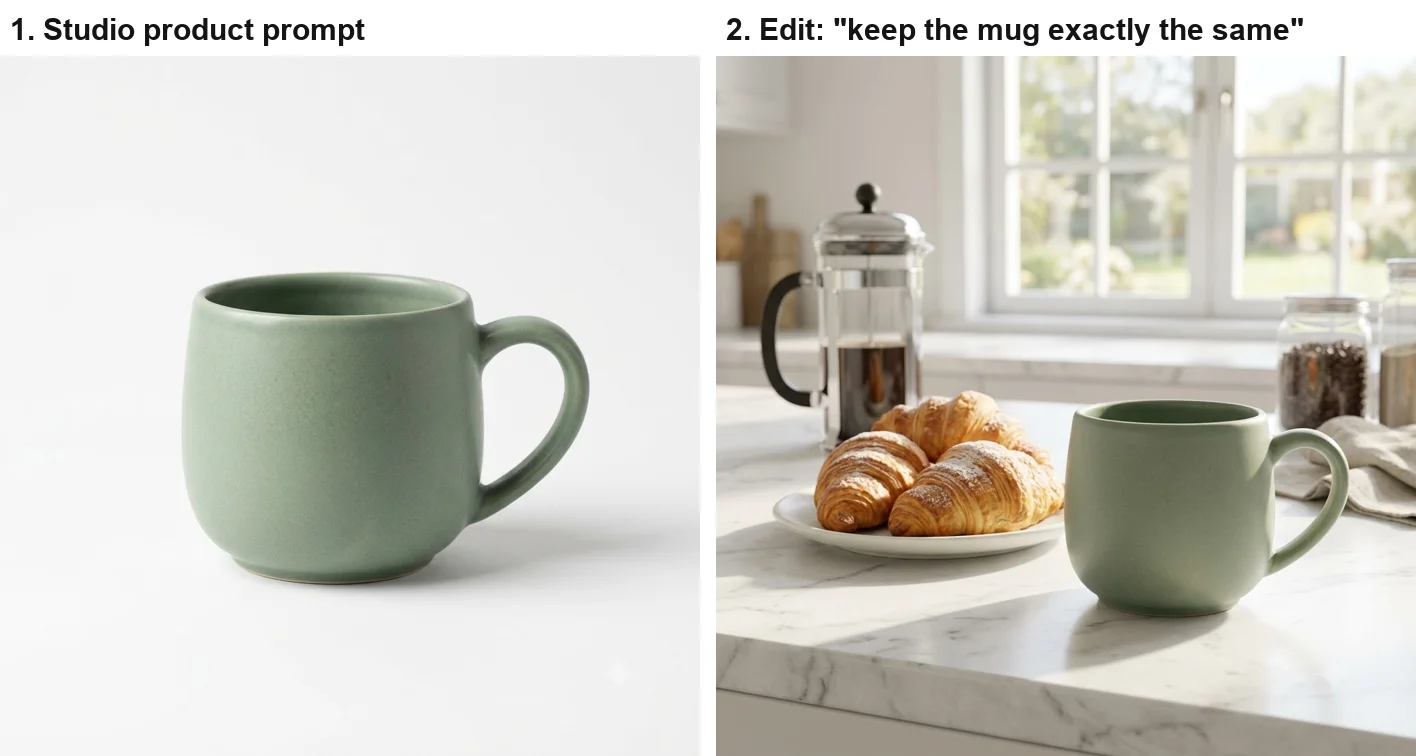 Left: Nano Banana's studio photo of a matte sage-green mug on white. Right: the edit, with the same mug on a marble counter beside croissants, a French press and a coffee jar, lit from a window on the right