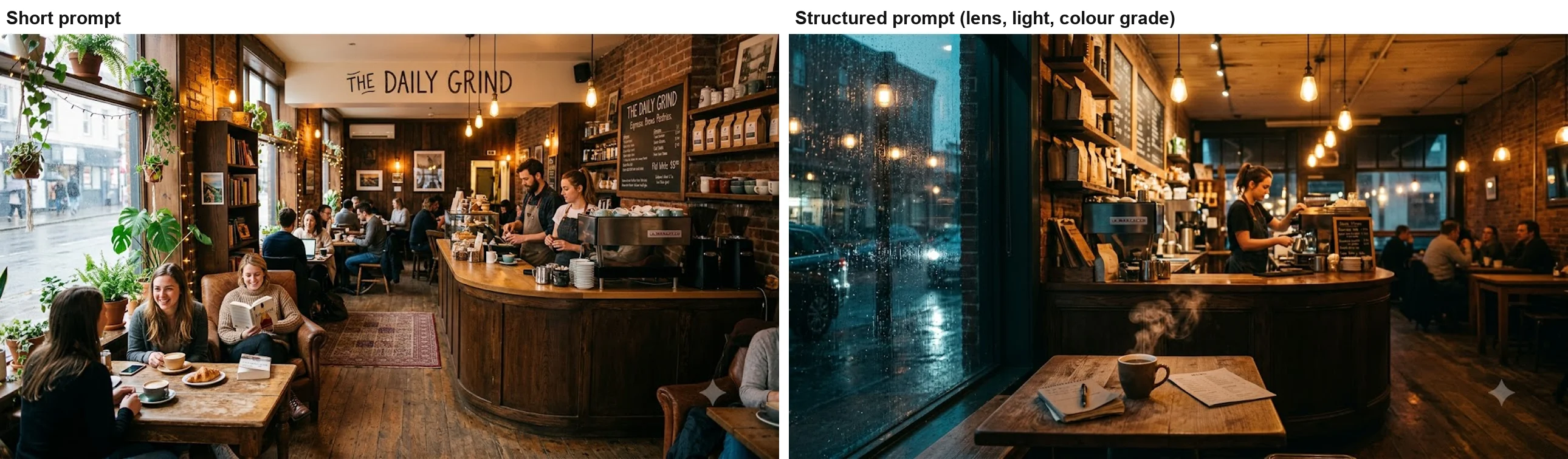 Left: the short prompt's result, a busy daytime café with a sign reading The Daily Grind. Right: the structured prompt's rainy-evening café seen from a corner table with a steaming cup, rain on the window and amber and teal colour