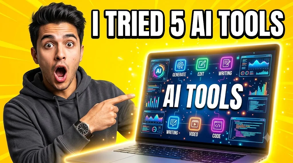 A Nano Banana YouTube thumbnail with the headline I TRIED 5 AI TOOLS spelled correctly, a surprised man pointing at a laptop whose screen shows AI TOOLS and labels such as GENERATE, EDIT, WRITING, VIDEO and CODE