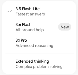 The Gemini mode picker on a free account, listing 3.5 Flash-Lite for fastest answers, 3.6 Flash, 3.1 Pro for advanced reasoning, and Extended thinking
