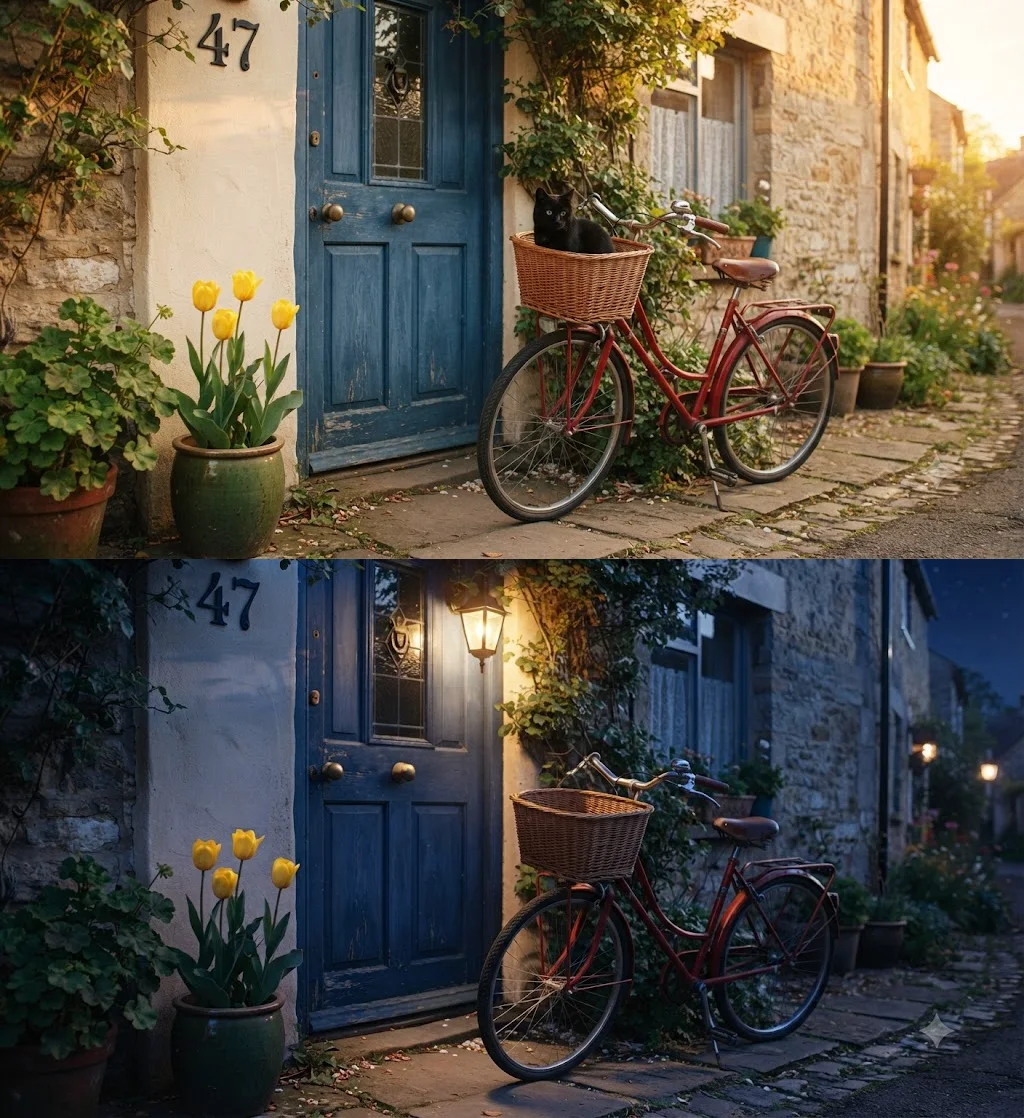 Top: Nano Banana's original sunset scene with a red bicycle, black cat in the basket and blue door numbered 47. Bottom: the edited version at night with the cat removed and a lit lantern by the door