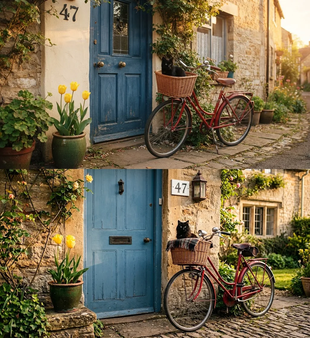 Top: the Flash-Lite result. Bottom: the same prompt in 3.1 Pro mode, with three tulips in the pot, the cat in the basket, and the 47 plate still on the wall beside the door