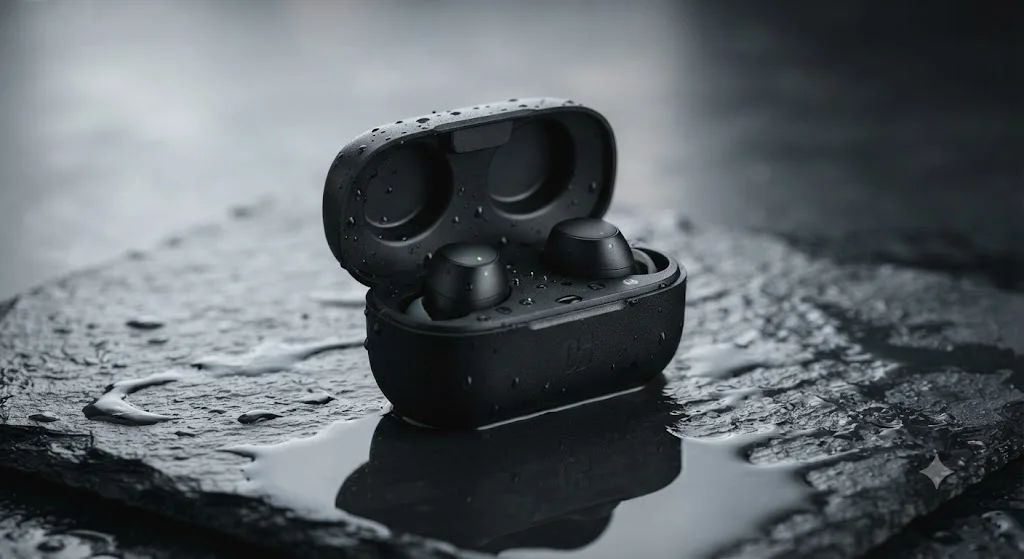 A Nano Banana product photograph of an open matte-black earbud charging case on wet dark slate with water droplets and a reflection