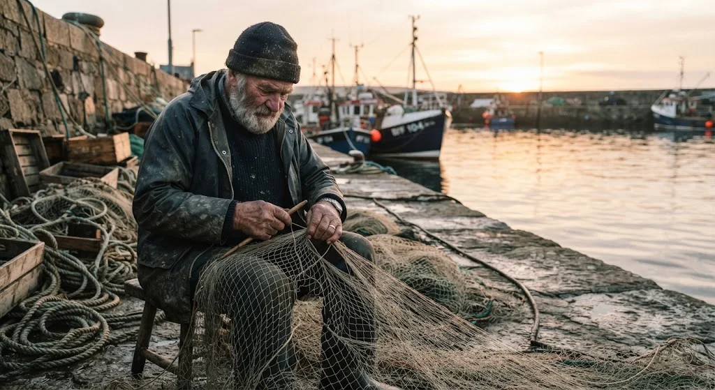 A Nano Banana photograph of an elderly bearded fisherman mending a net on a stone quay at sunrise, with fishing boats behind