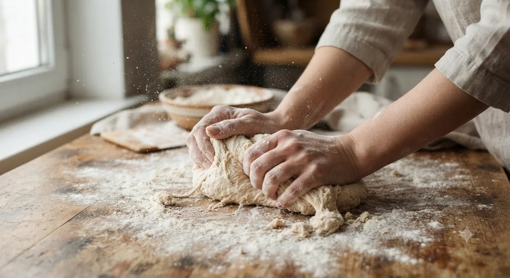 A Nano Banana photograph of two floured hands kneading bread dough on a wooden table in soft window light