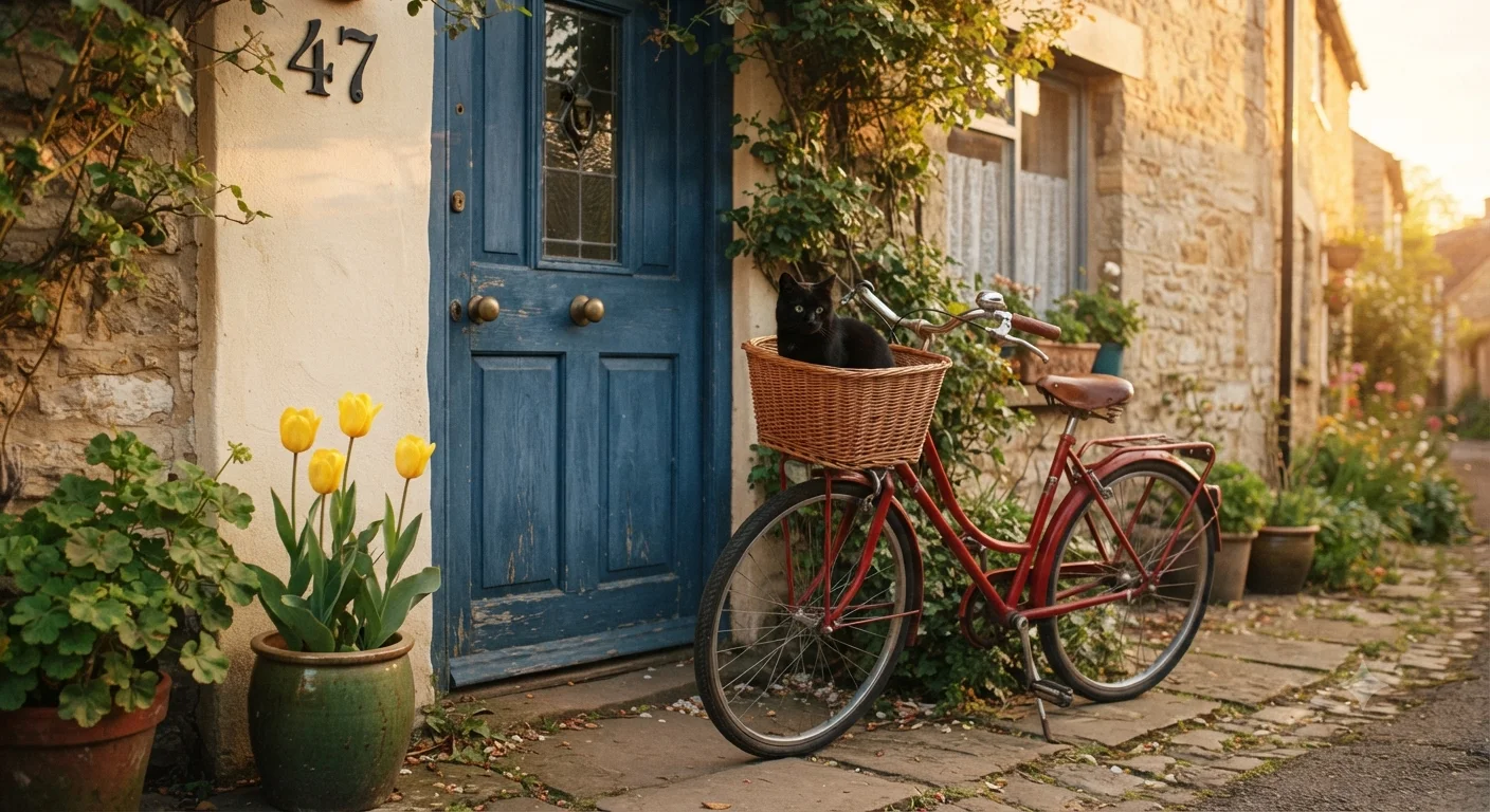 Nano Banana's version of the seven-part scene: a red bicycle with a black cat in the basket beside a blue door, yellow tulips in a green pot on the left, and the number 47 on the wall to the left of the door, in late sun