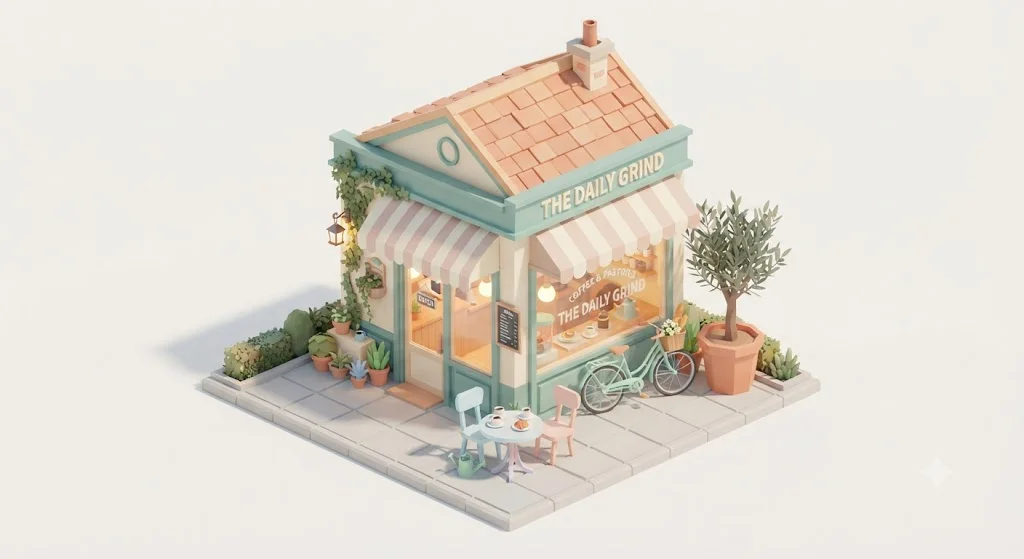 An isometric pastel coffee shop by Nano Banana named The Daily Grind, with a striped awning, one outdoor table, a mint bicycle and a potted olive tree
