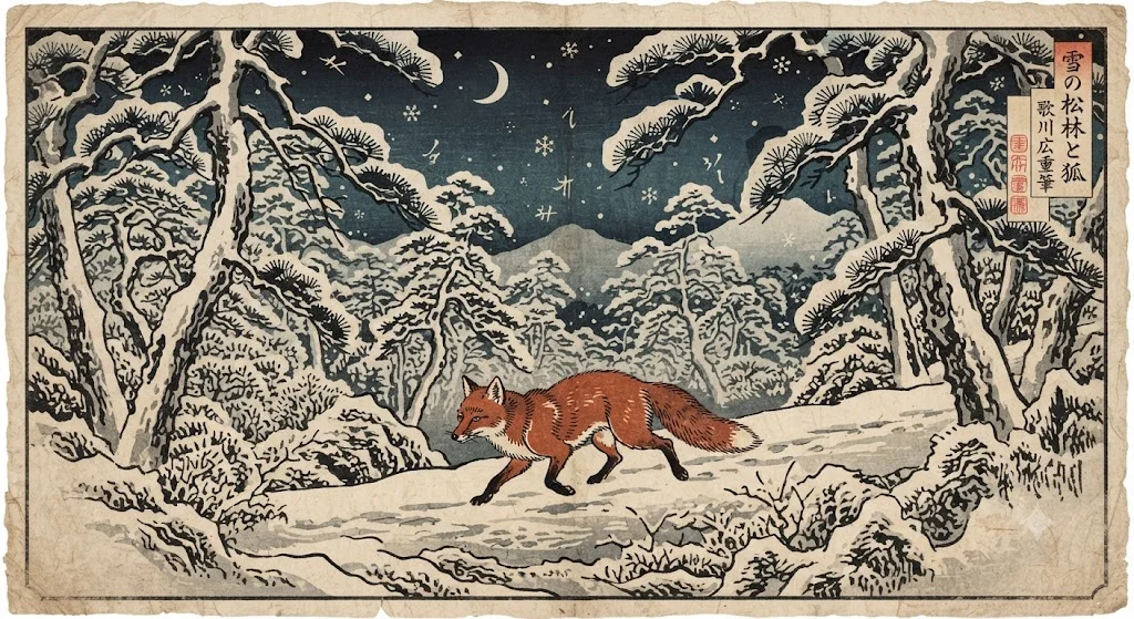 A Nano Banana image of a red fox crossing a snowy pine forest at night in Japanese ukiyo-e woodblock style, with a title cartouche in the top right
